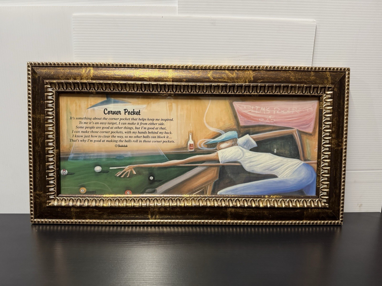 Vintage Billiards Pool Wall Art “Corner Pocket” Framed 24x12
