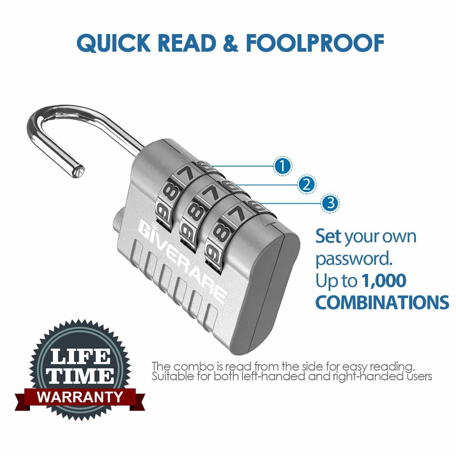GIVERARE 8 Pack Combination Lock, 3-Digit Padlock Keyless, Resettable Silver