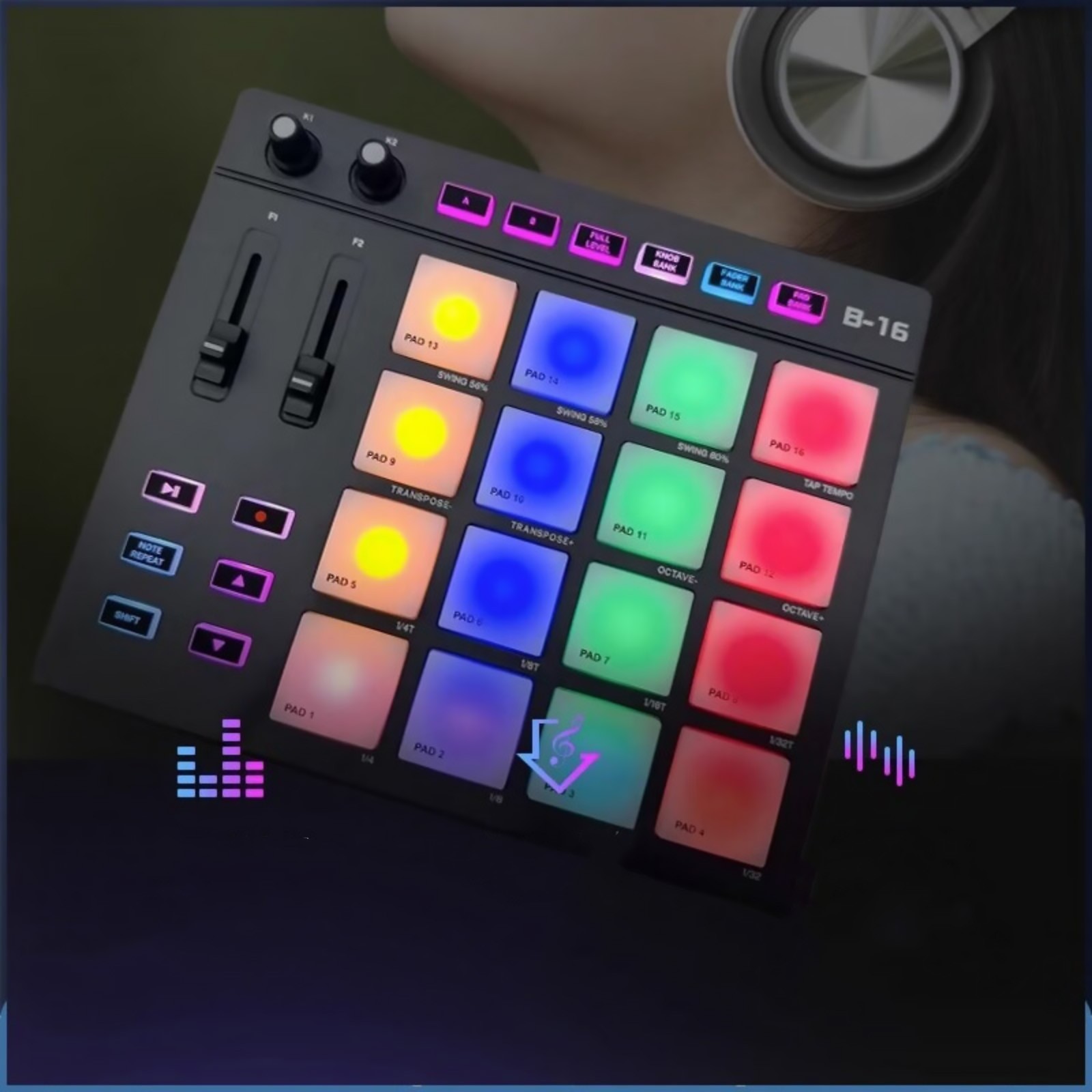 USB MIDI Controller Beat Maker 16 Beat Pads 2 Fader Knobs Drum Machine