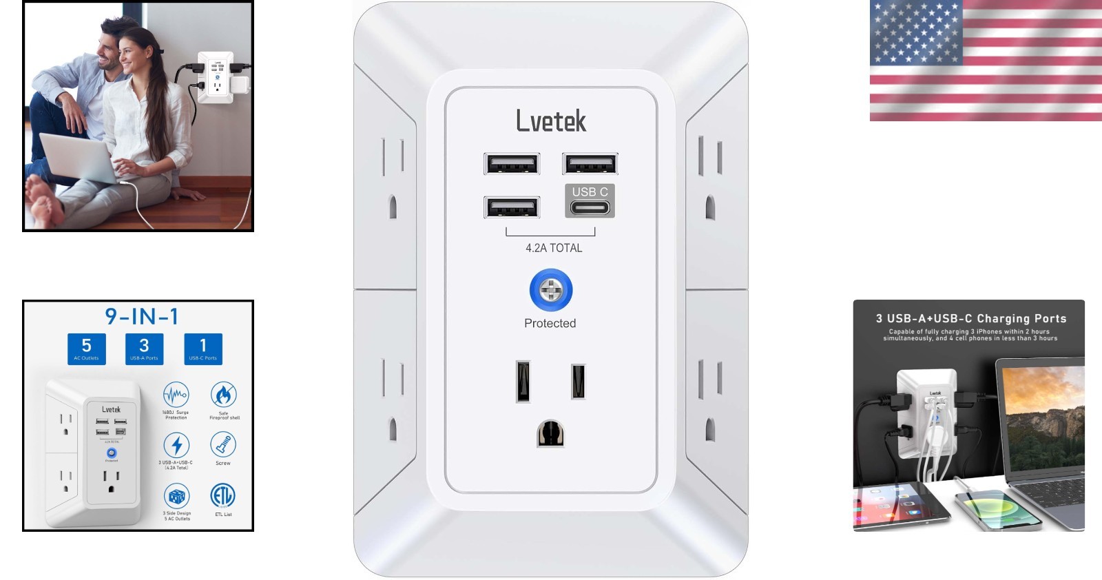 Compact 5-Outlet Multi-Plug Extender with 4 USB Ports & 1680J Surge Protection