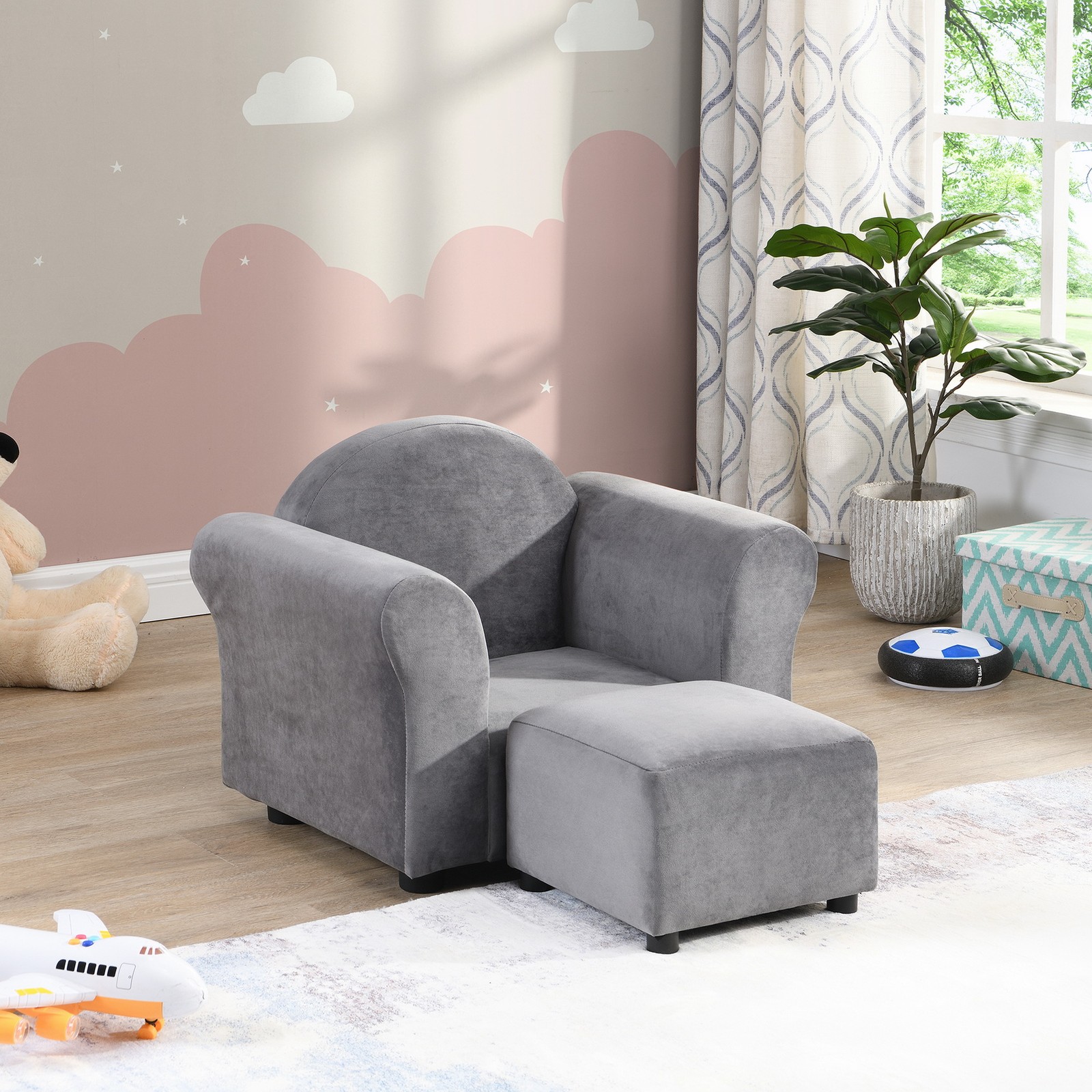Boy Girl Toddler Kids Sofa with Ottoman Velvet Upholstered Lounge Sofa Armchair