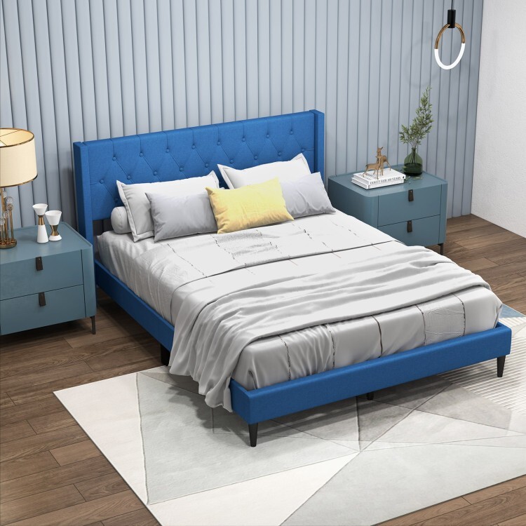 Queen Size Platform Bed Frame Upholstered With Button Tufted Wingback Headboard