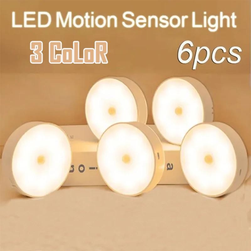 Motion Sensor LED Night Light USB Rechargeable3color Wireless Closet Lamp2-6pack
