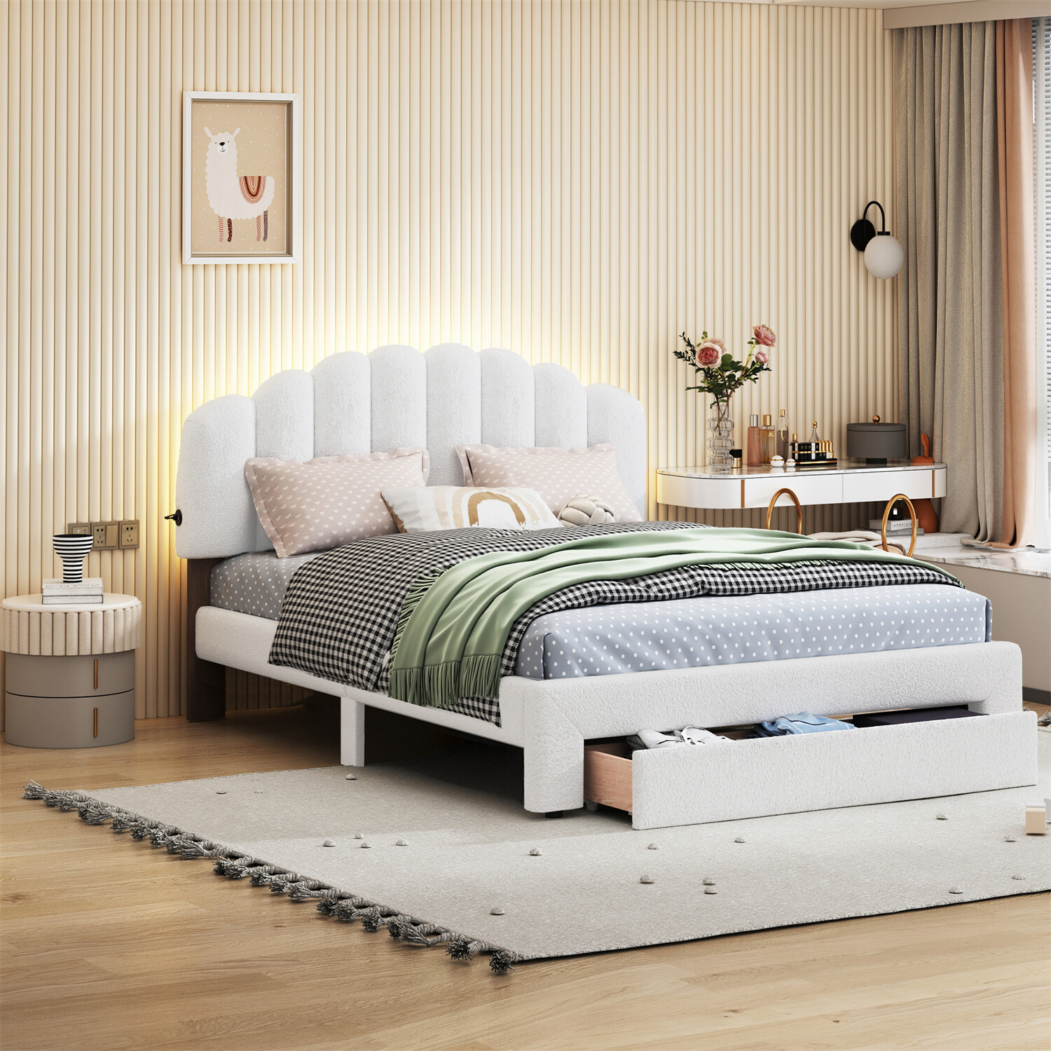 Queen Size Bed Frame Upholstered Platform Bed with Drawers White/Beige/Gray US