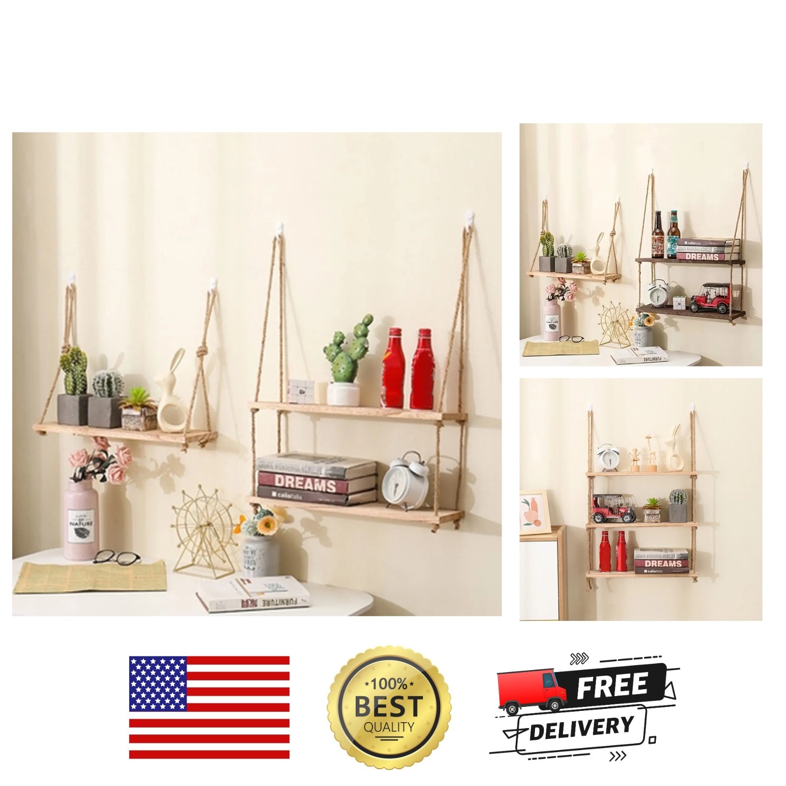 Wooden Hanging Floating Wall Shelves with Rope Plant Display Storage 1/2/3 Tier