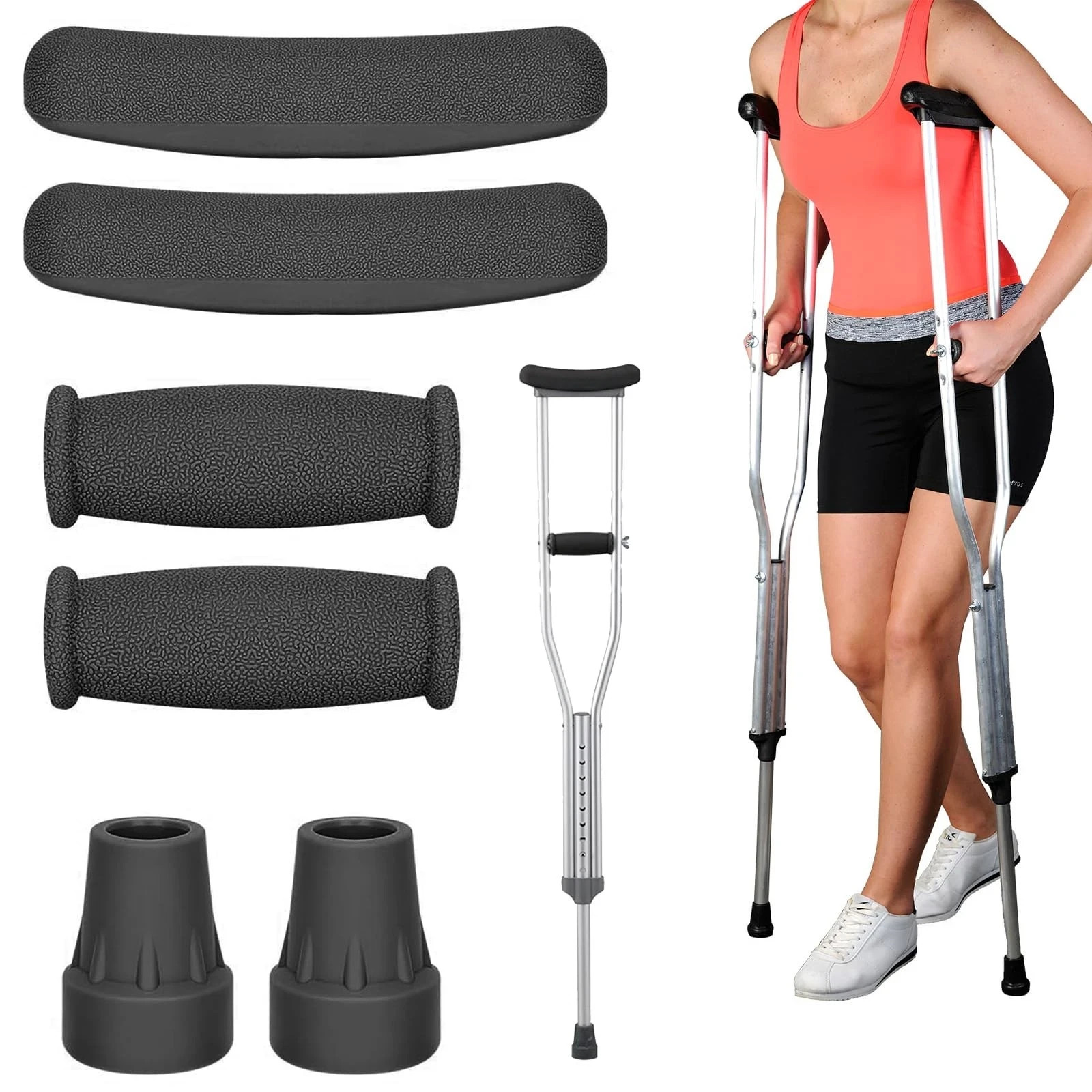 Replacement Crutch Pads, 6 Pcs Crutch Accessory Replacement Crutch Parts and Cap