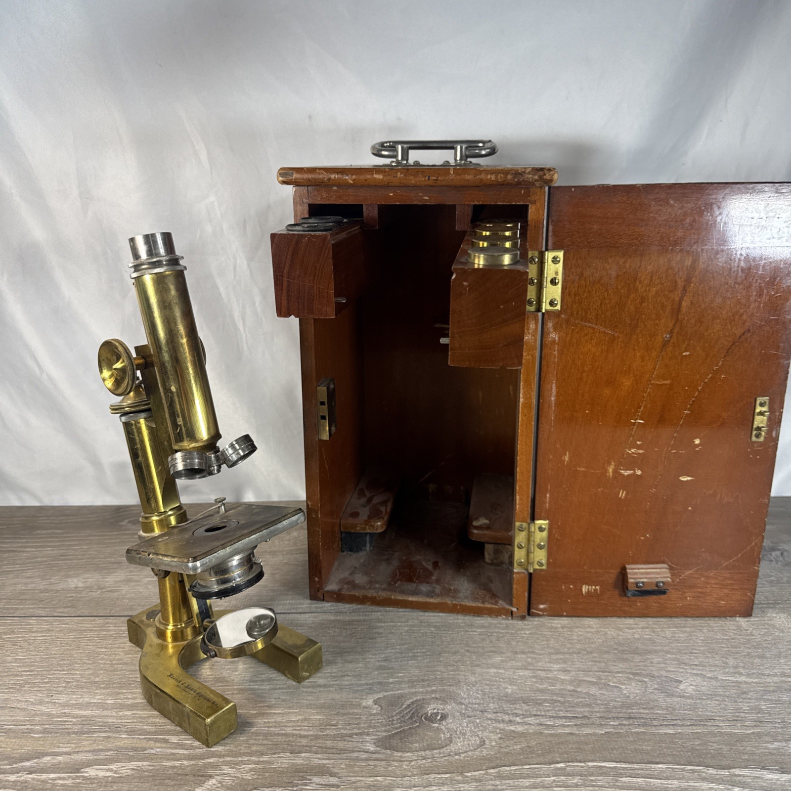 Rare Antique BAUSCH and LOMB Optical Co MICROSCOPE BRASS w/ Wooden Case