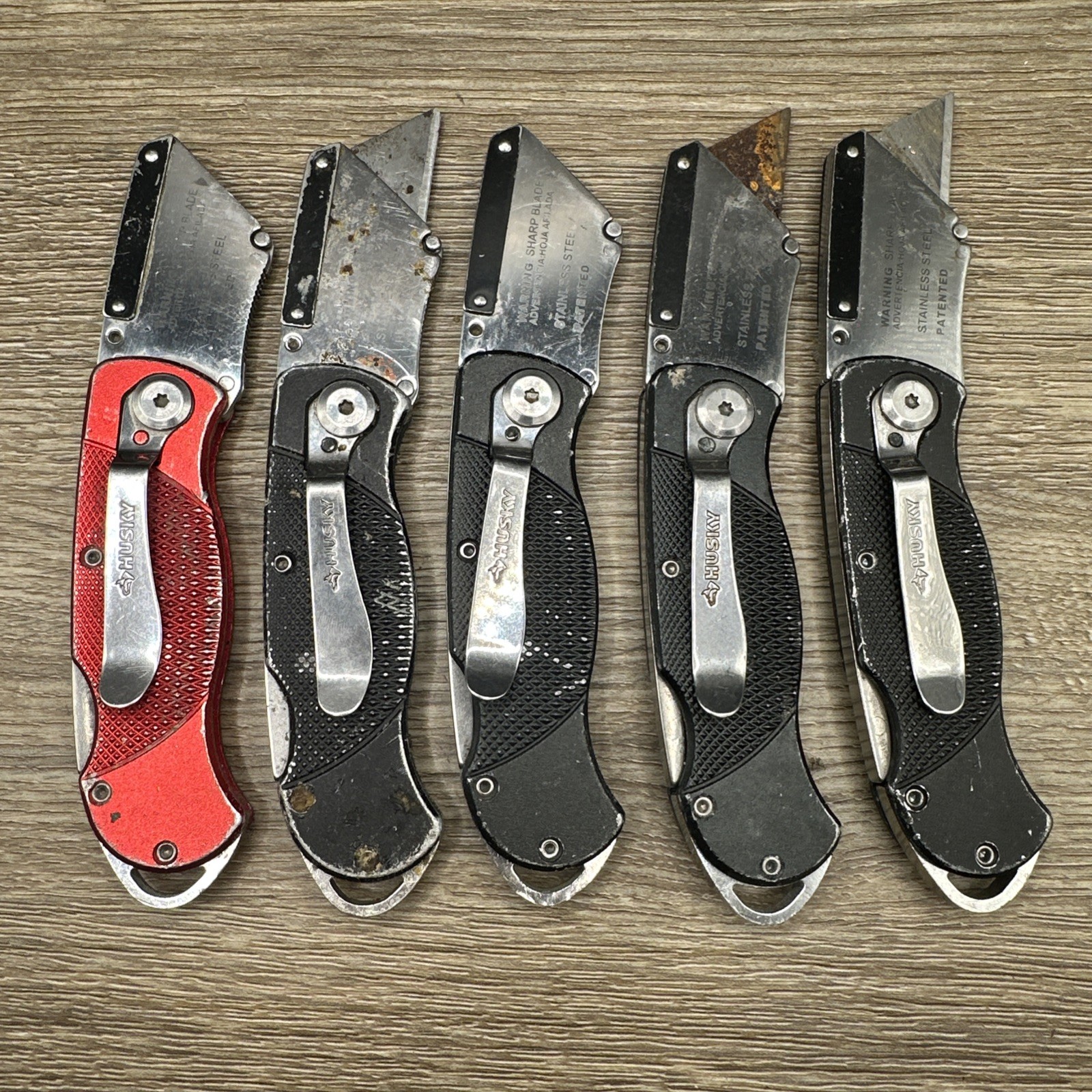 (Lot E) 5 Husky Black Folding Lockback Pocket Utility Knife Set, Box Cutter