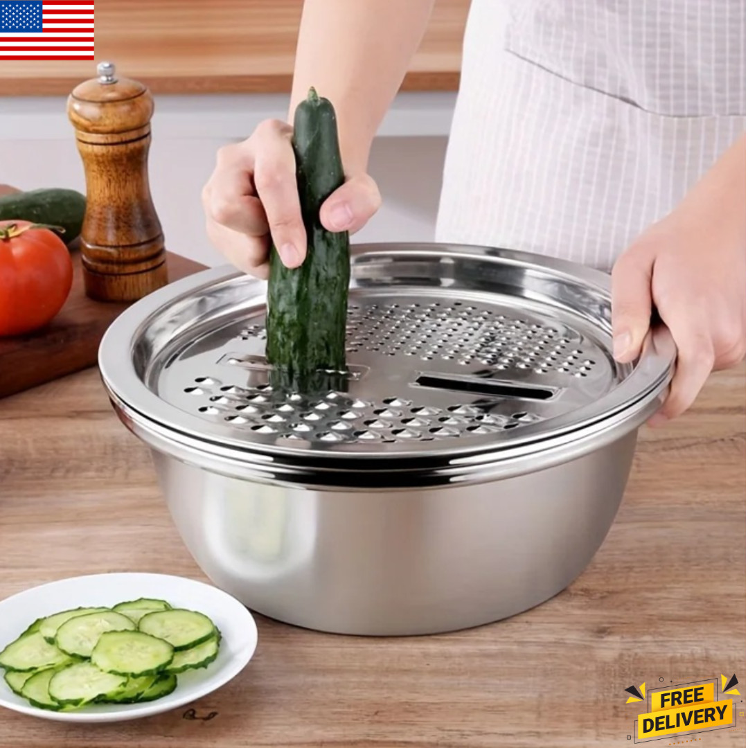 3pcs Veg Slicer Set: Stainless Steel, Basin & Drain Basket Multifunctional