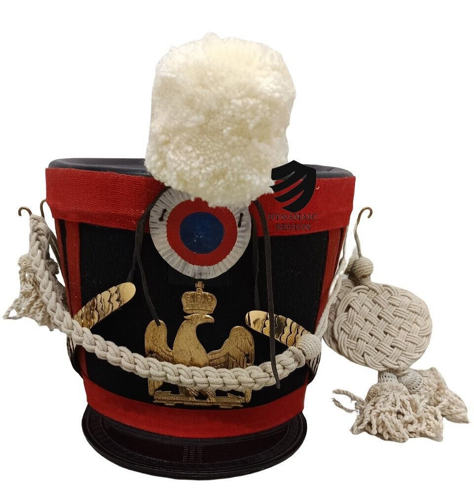 French Napoleonic Shako Helmet With White PomPom & Cord For Larp & Cosplay Armor