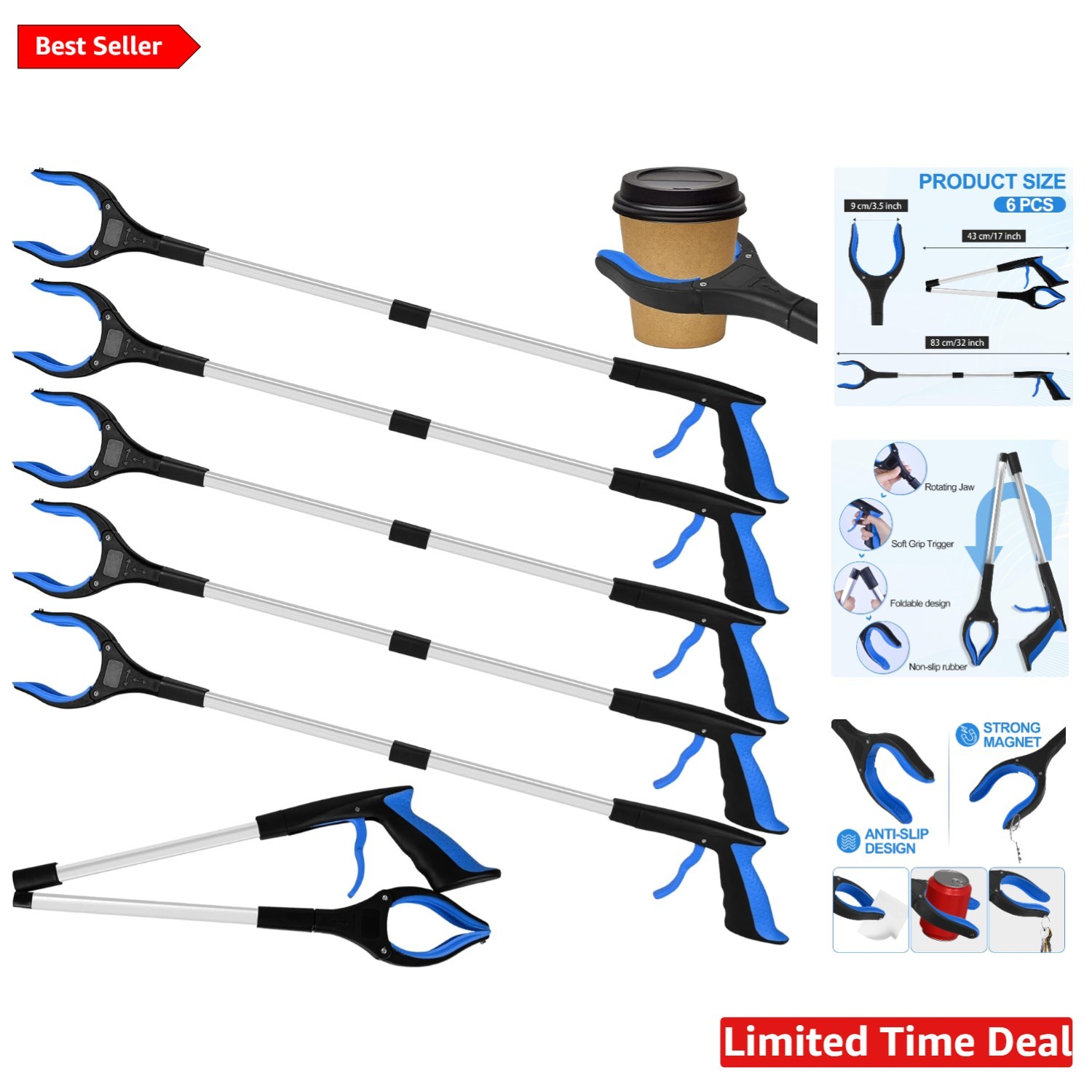 Multi-Use 6-Pack 32-Inch Grabbers - Lightweight Assist Tools for Everyday Tasks
