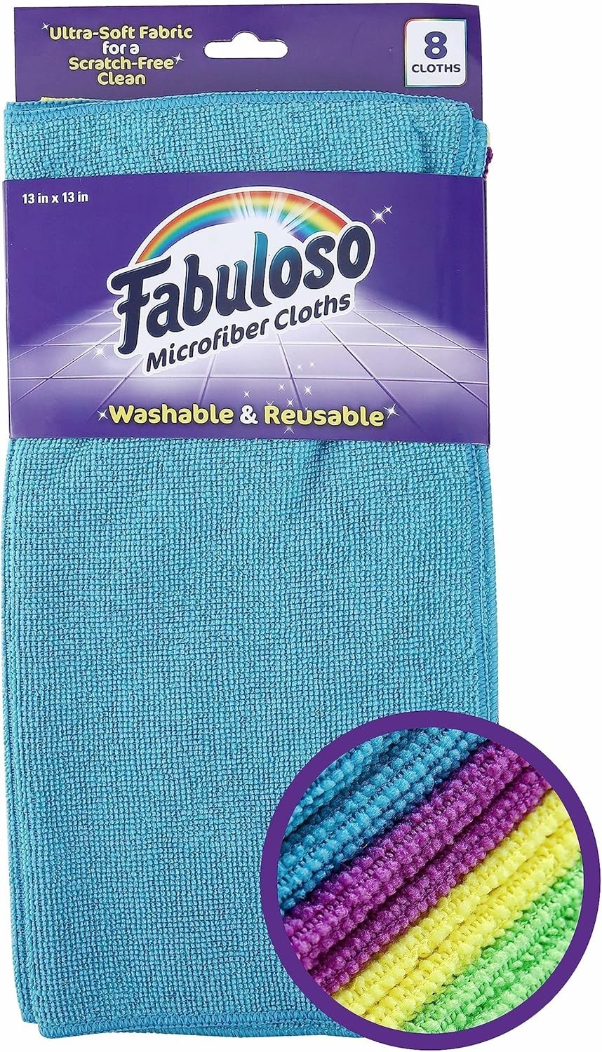Fabuloso Microfiber Cleaning Cloths 8 Pack 13x13 Lint Free Reusable Rainbow