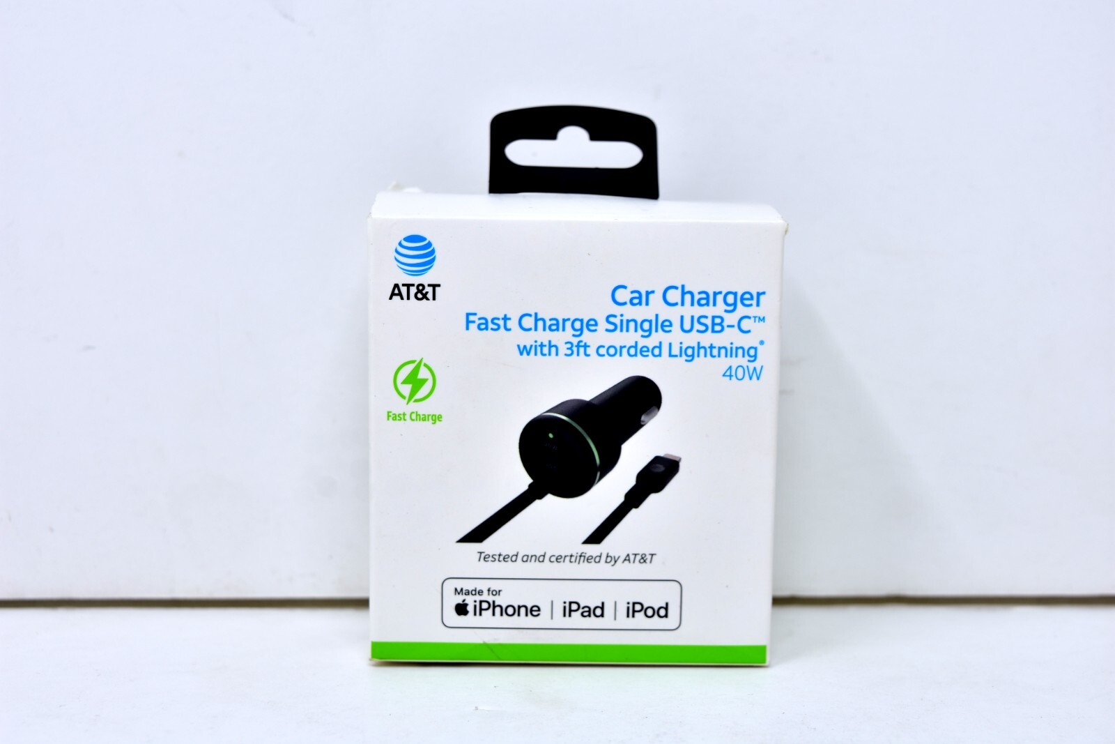 AT&T Car Charger Fast Charge MFi-Certified 40W USB-C Port w/3ft Corded Lightning