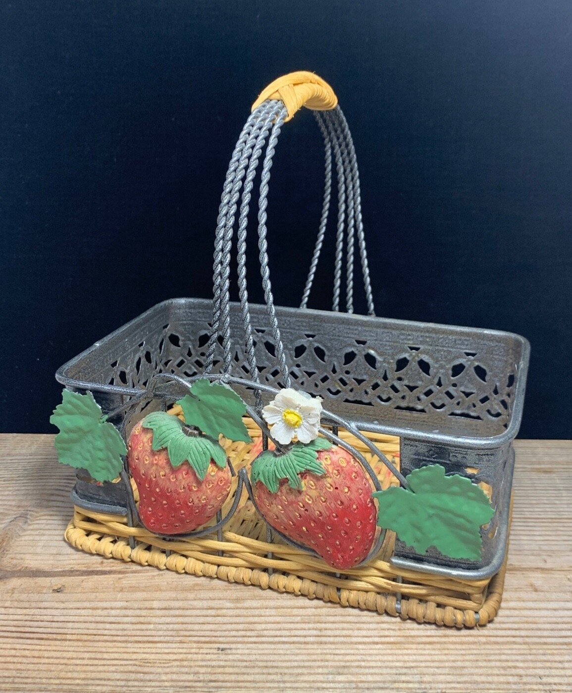 Wicker and Metal Basket Strawberry Floral Country Farmhouse