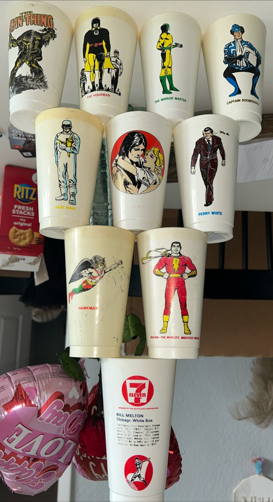 10 Lot Vintage 1972 Superhero Plastic Slurpee Cup 7-11 SHAZAM Hawkman P White &+