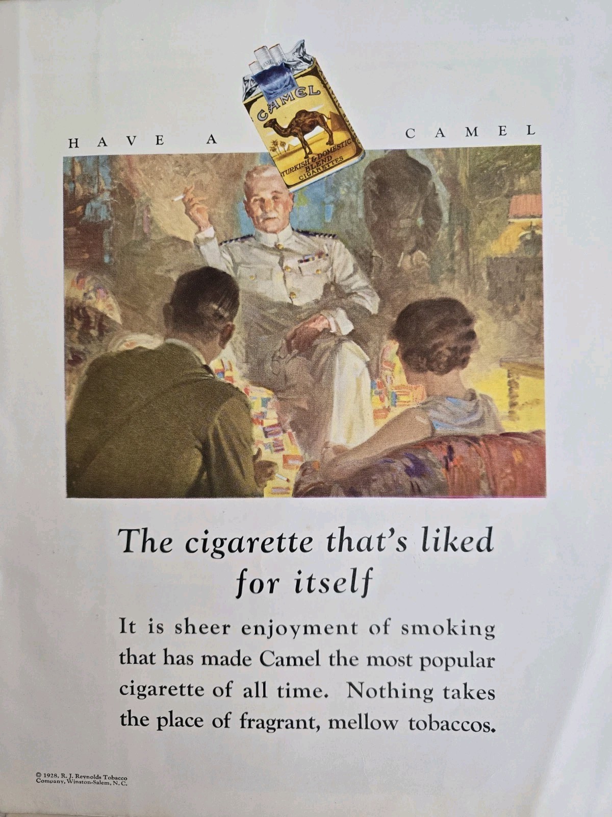 1928 Camel Cigarette that's liked for itself Military Man Smoking Vintage ad