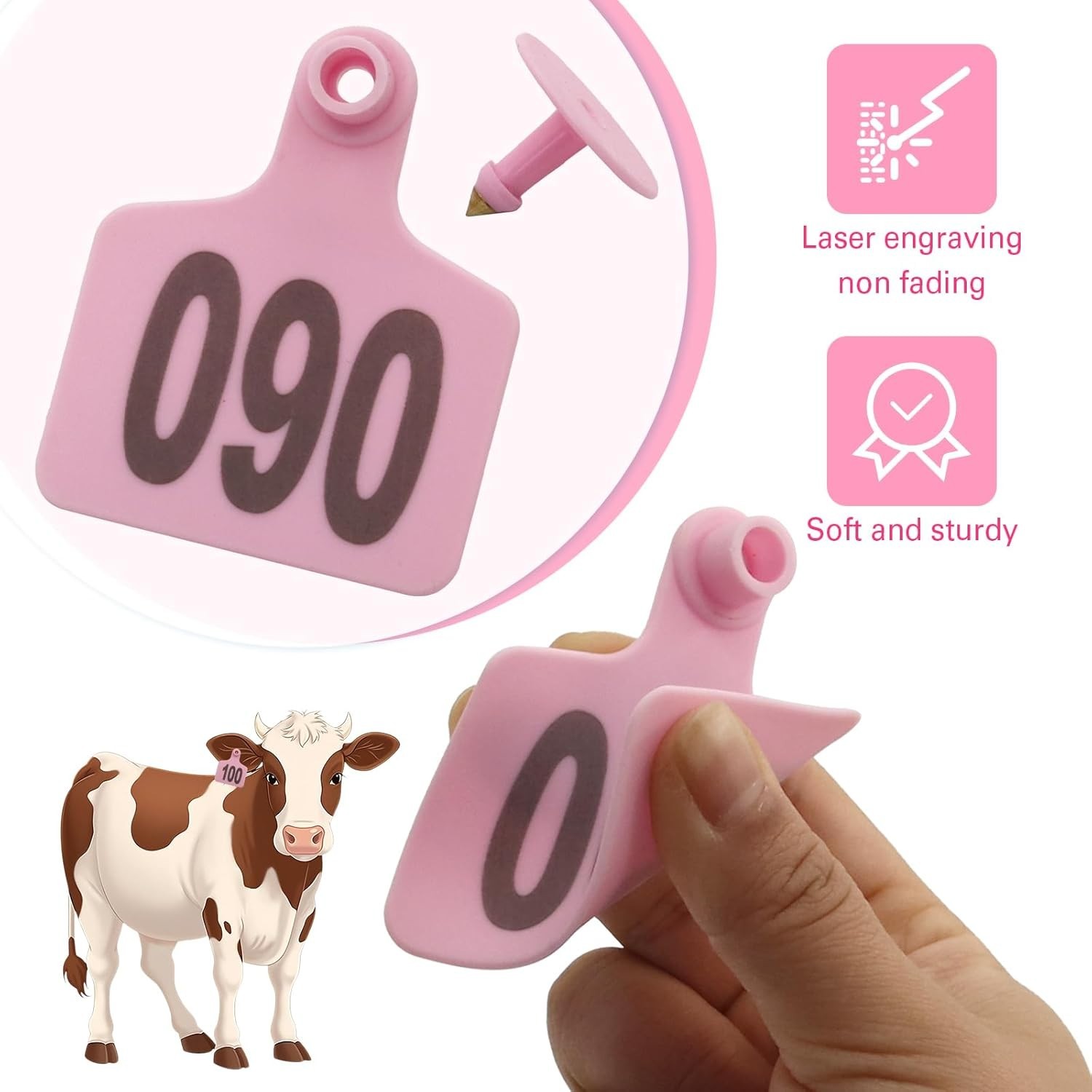 Ranch-Ready Pink Cattle Ear Tags 100 Count – Durable Tags with Applicator