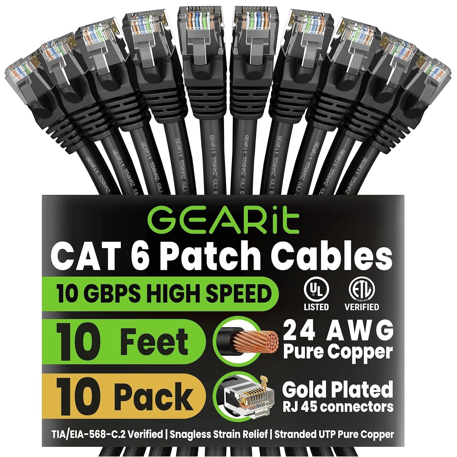 10-Pack Cat6 Ethernet Patch Cable 10ft Black