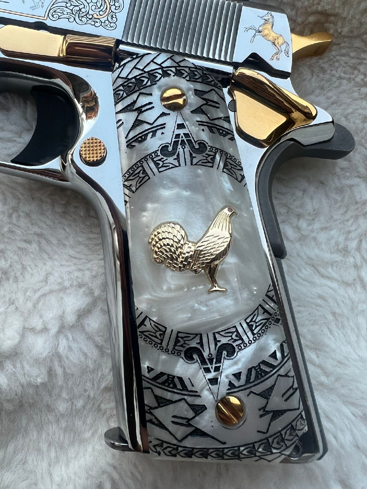 1911 Colt Gold Plated Rooster/Aztec  Pearlite Engraved grips 45 38 super  Rare