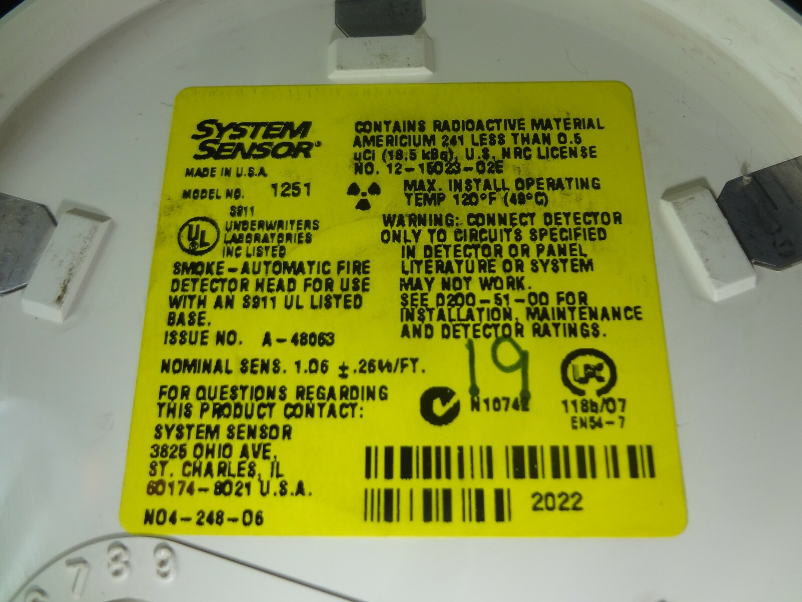 System Sensor 1251 Intelligent Ionization Smoke Detector Head FREE SHIPPING !!!