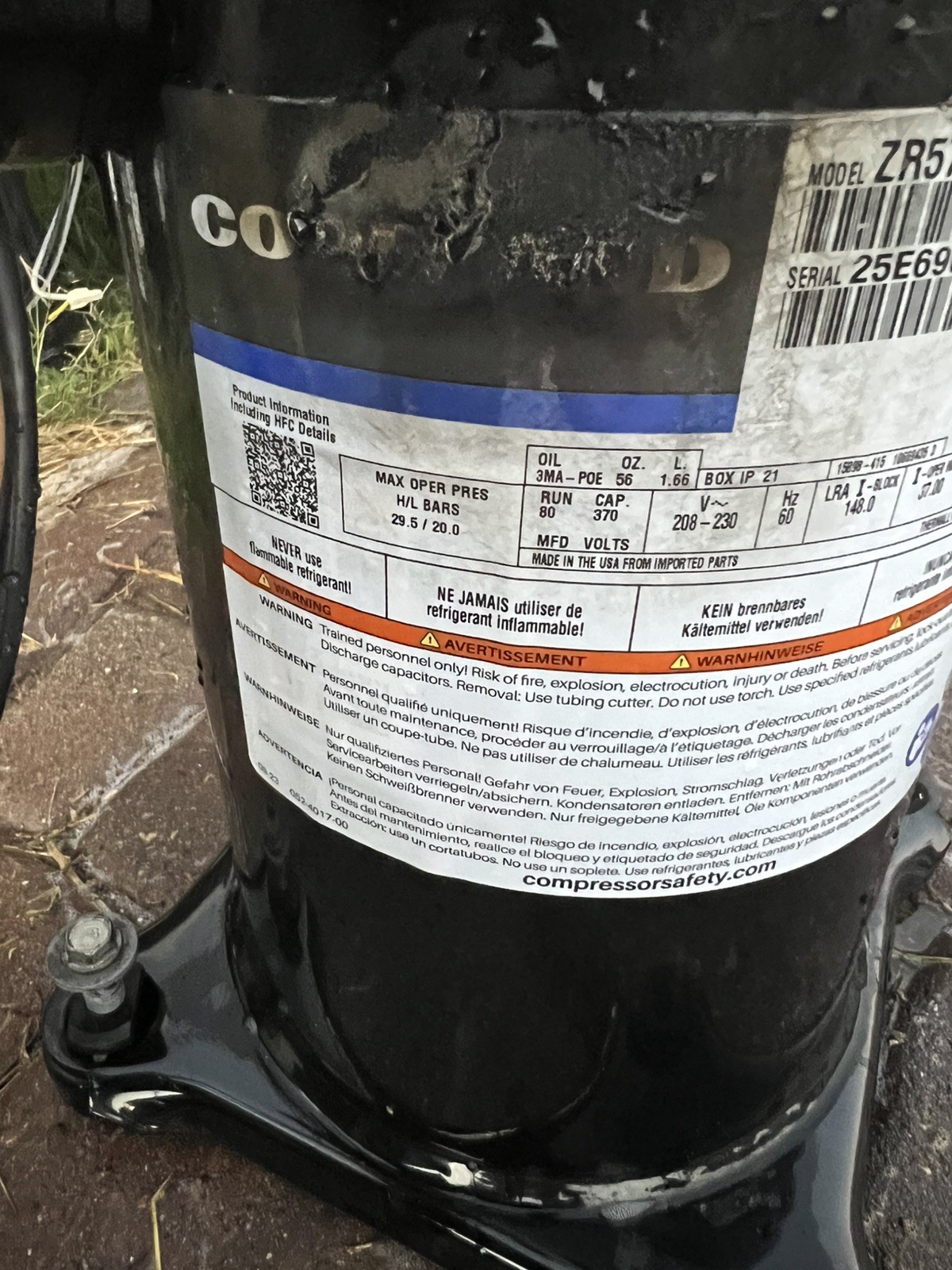 COPELAND SCROLL COMPRESSOR Model ZR57K3E - PFV-930 Year 2025- 220v single ph