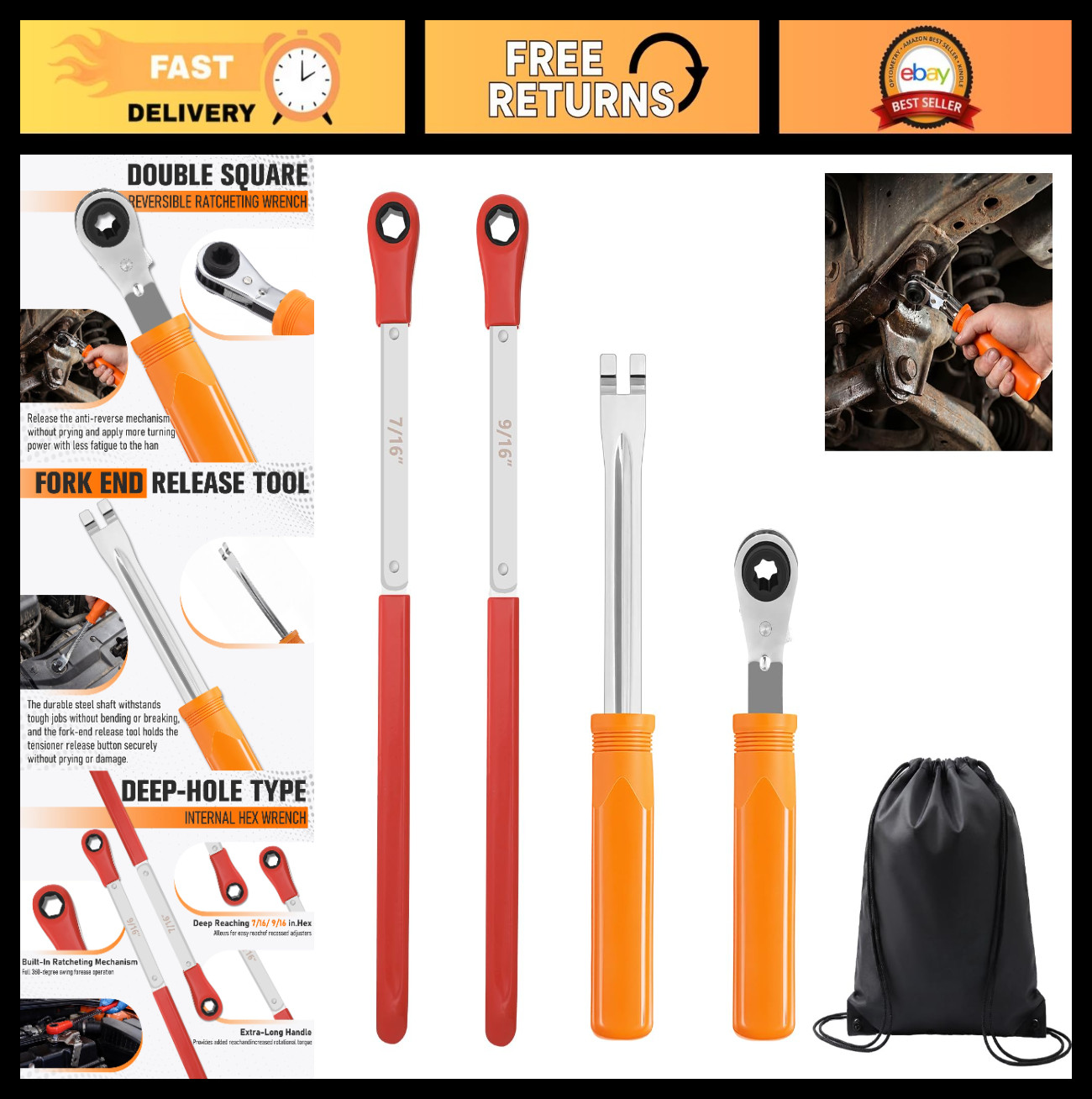 4 Pcs Automatic Slack Adjuster Tool Set - Ratcheting Wrench & Fork End Tool for