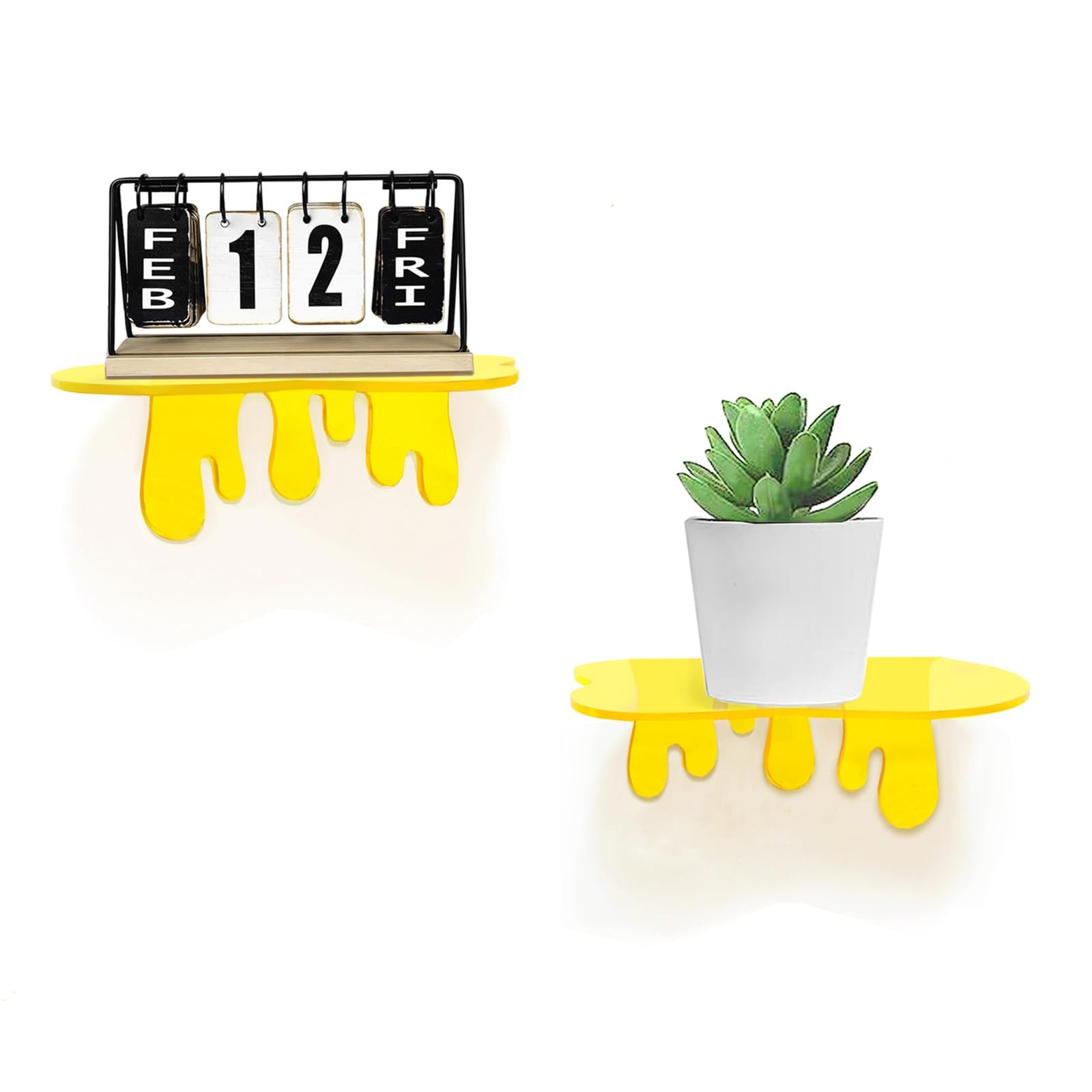 SetGame 2-Pack Acrylic Small Wall Shelves - 7 Inch Floating 7 Inch, Yellow