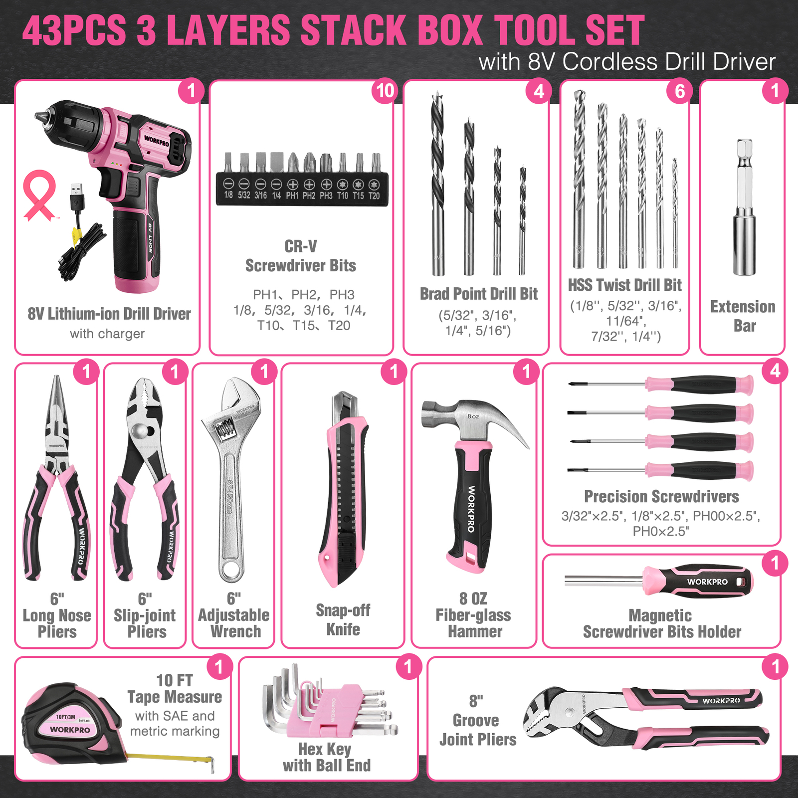 Pink Cordless Drill Driver with Toolbox 43PC wi/8V Lithium-ion Power Drill&Bits