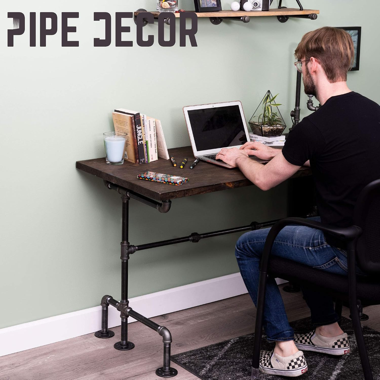 Industrial Pipe Desk Leg Set, Modern Home Office Writing or Computer Base Kit, D