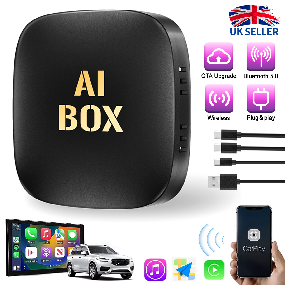 Wireless WIFI CarPlay AI Box Android Auto Adapter Converter w/ Netflix YouTube