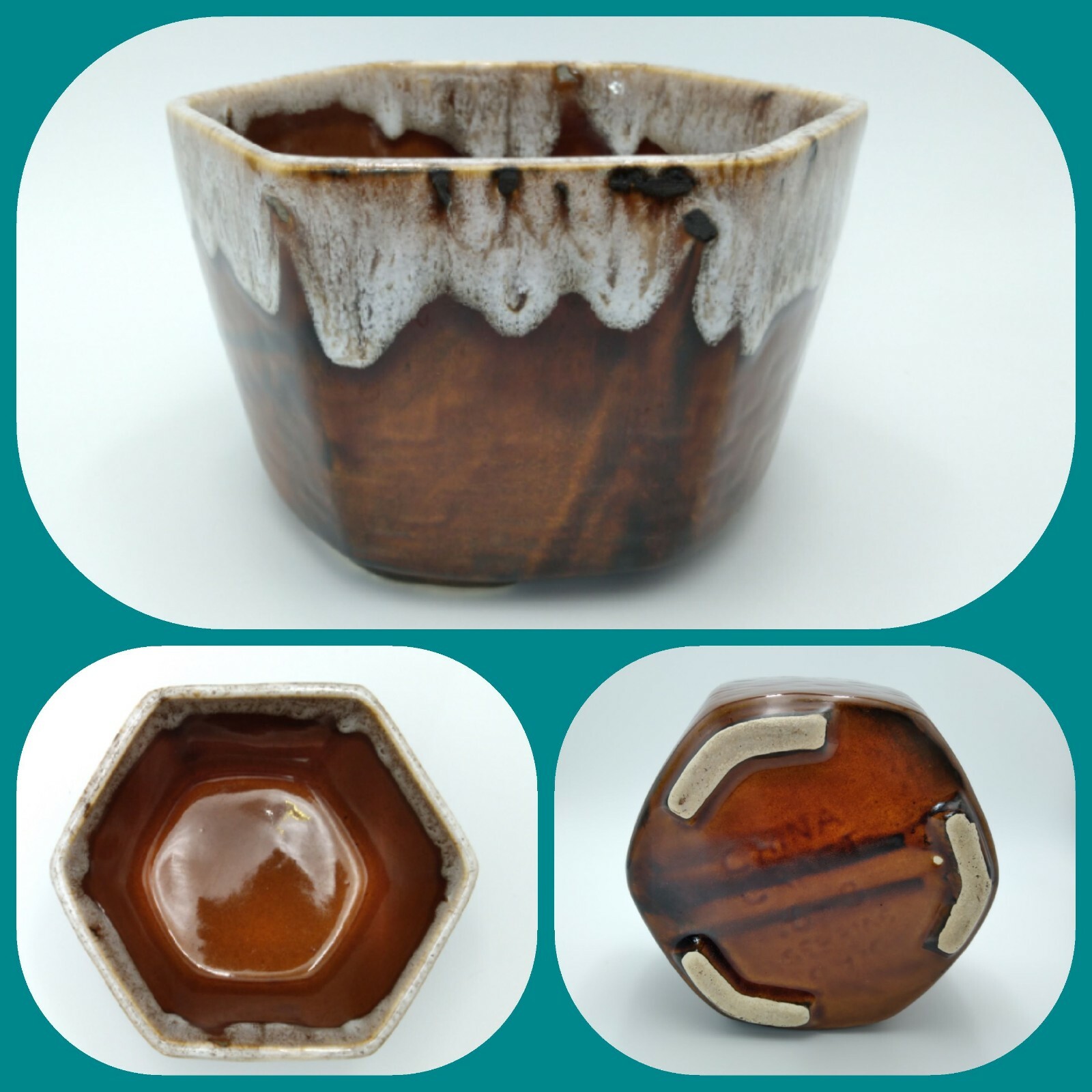 Octagon Pottery Planter China Craft Brown Drip Wood Grain Basket Weave Bowl