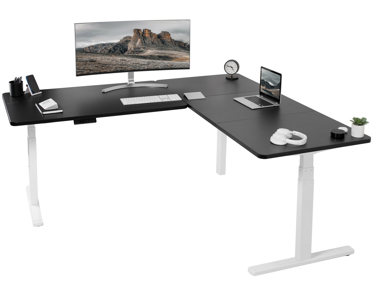 VIVO Electric 77" x 71" Corner Stand Up Desk, Black Table Tops, White Frame