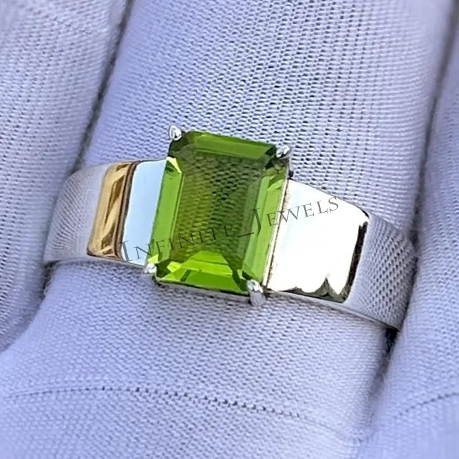 Mens Engagement Green Peridot Gemstone Ring in 925 sterling Silver Handmade Ring