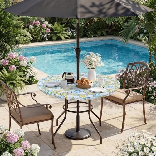 Fitted Round Outdoor Tablecloth, Polyester SpillProof Table 52" (Round) Floral