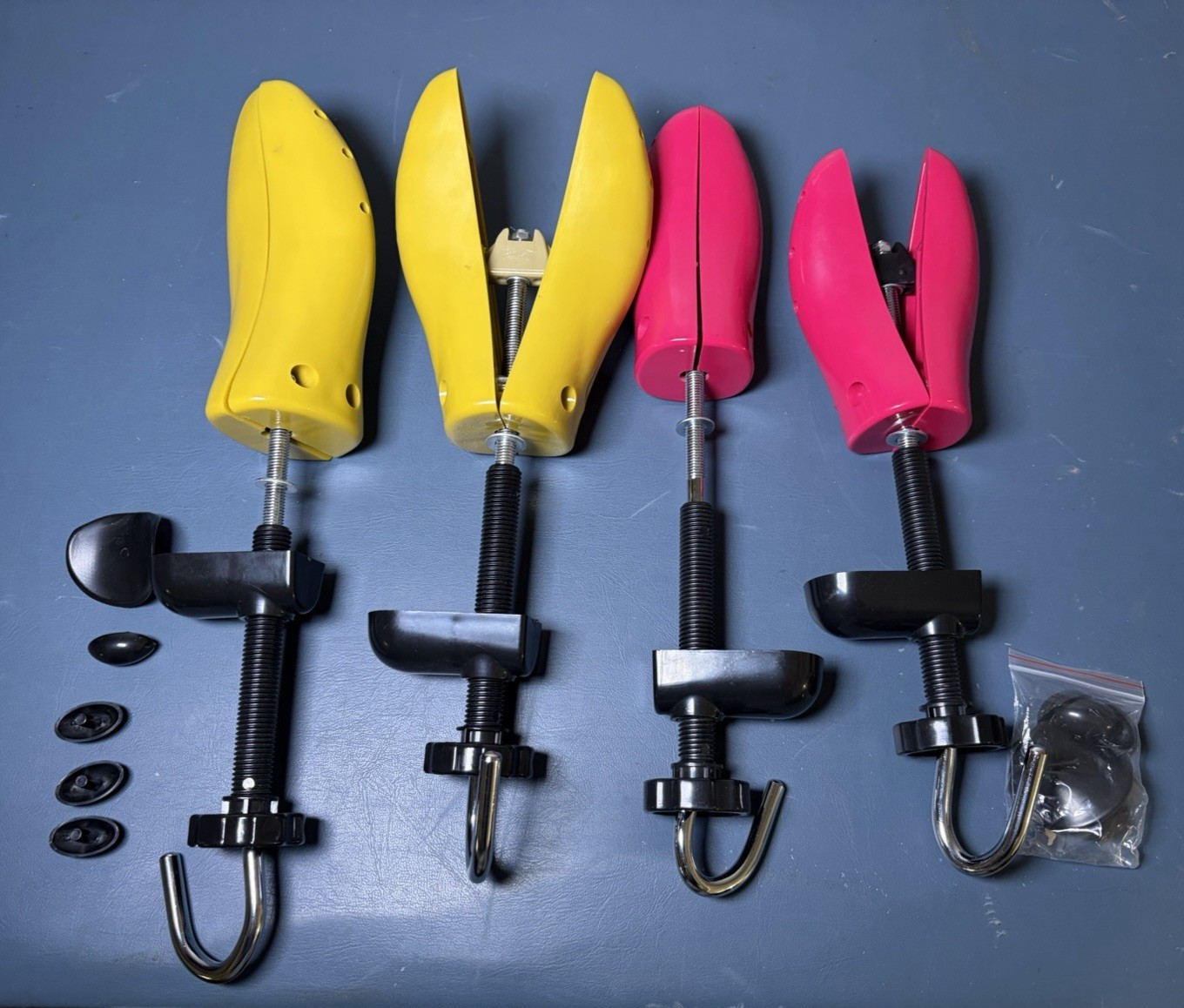 Set of 2 Adjustable Yellow & Pink Plastic Shoe Stretchers, Side Attachments
