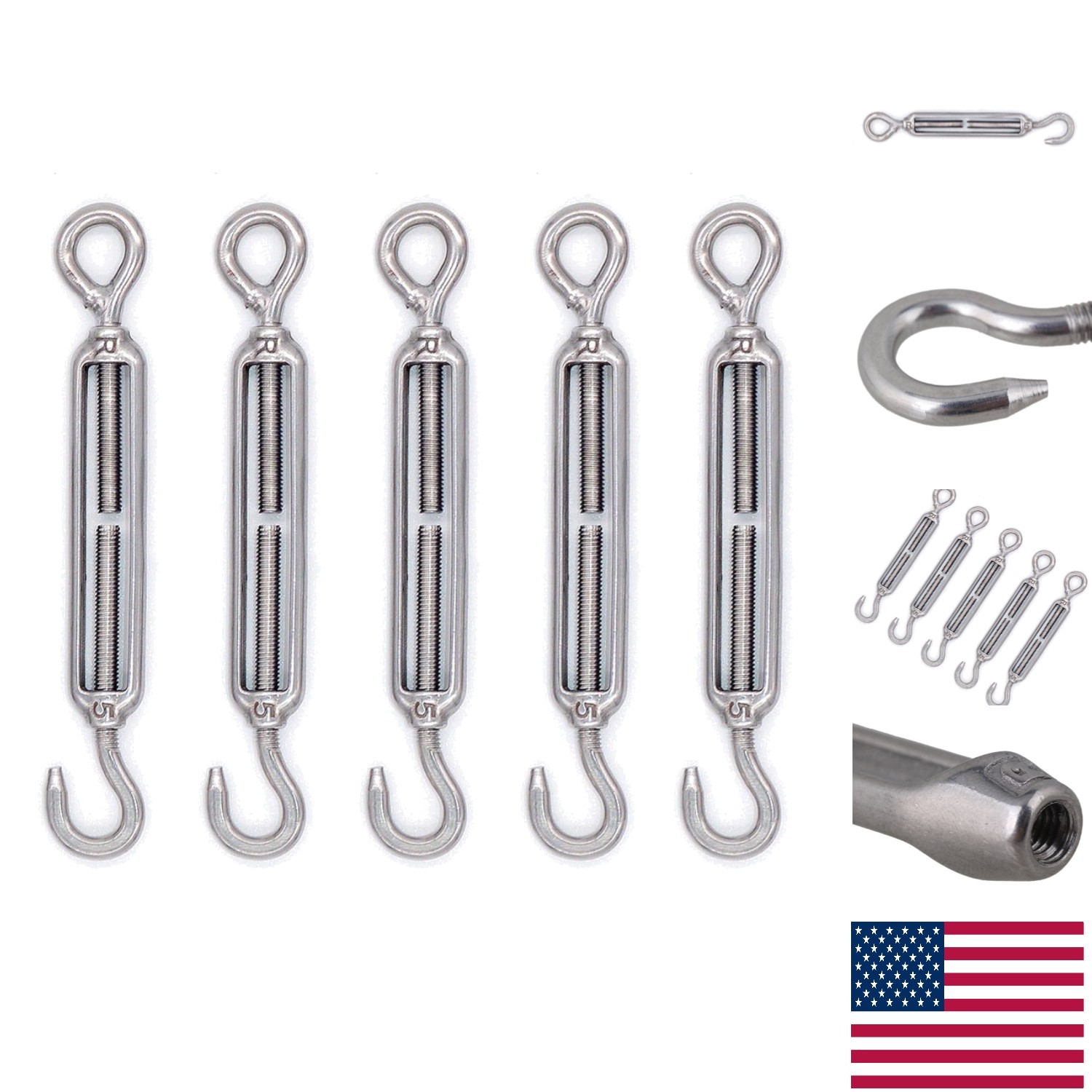 5pcs Adjustable M5 Turnbuckle Hook & Eye in 304 Stainless Steel - Precision Cast