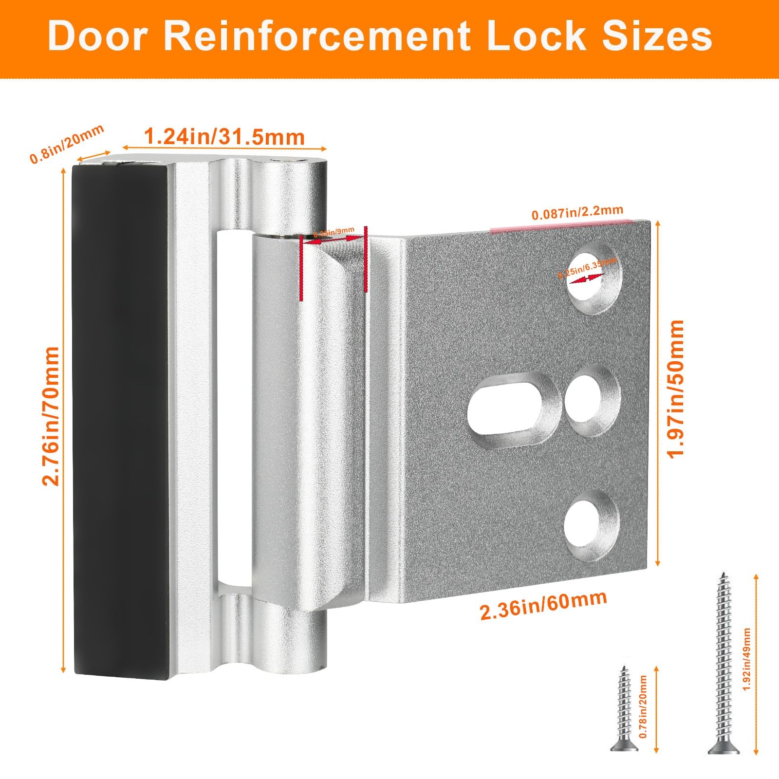 Home Security Door Reinforcement Lock, Upgraded Front 2 Pack, Silver