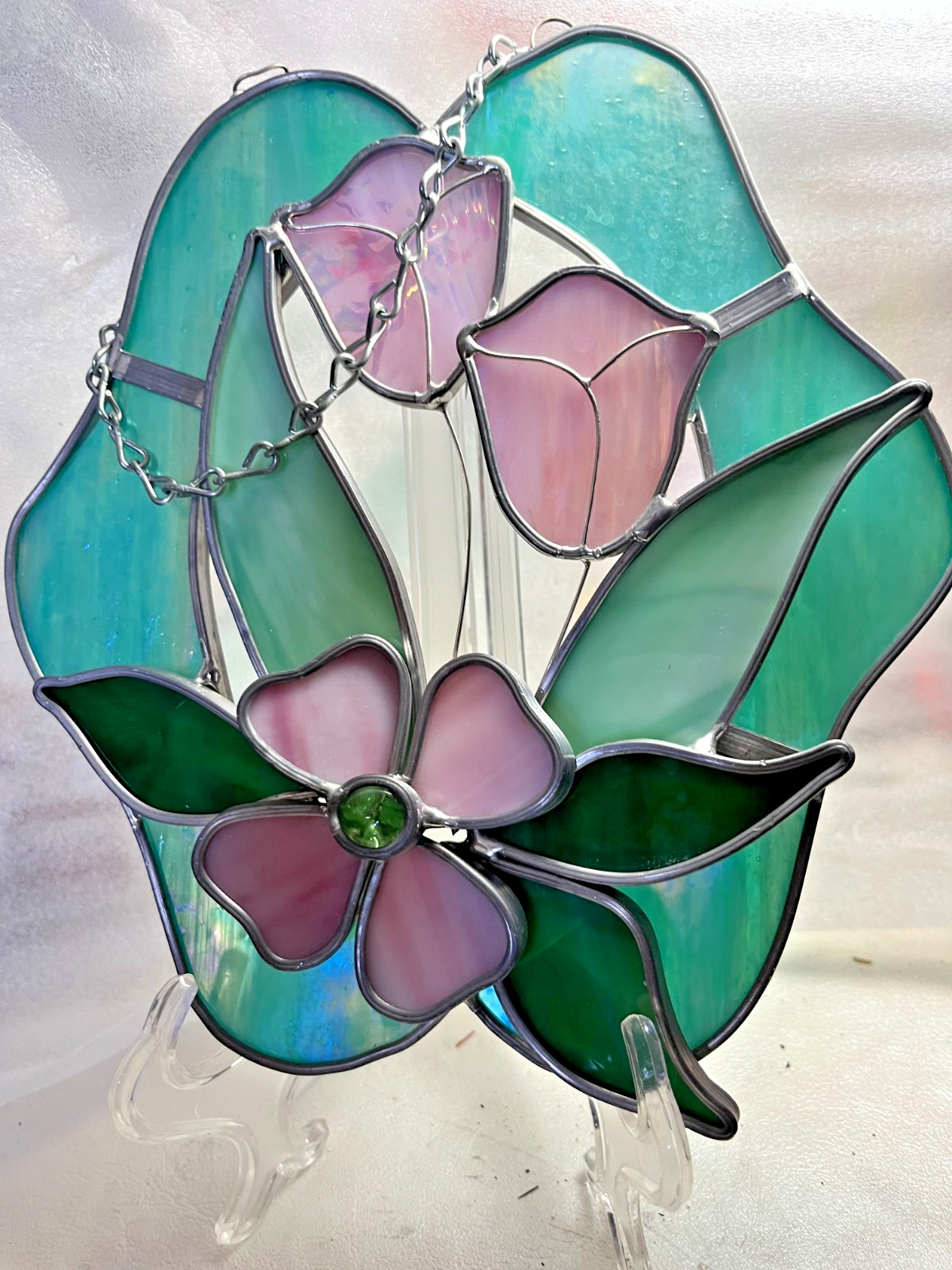 Stained Glass Suncatchers Handmade Soldered Flowers  9" x 8"