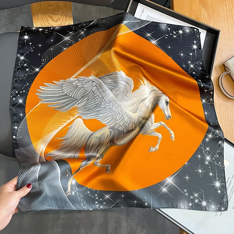 100% Mulberry Silk 27'' Scarf Women's Kerchief Square Bandana Black Orange Horse