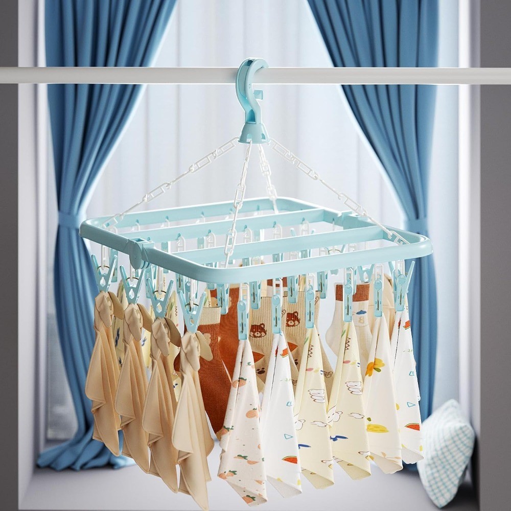 Clothes Drying Rack with 32 Clips, Foldable Hanging Rack, 360° Rotatable Hook