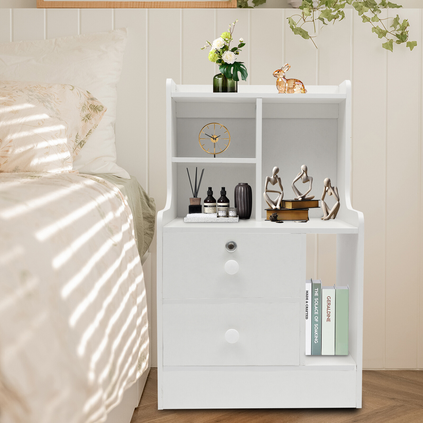 Used Drawers Bedroom/Living Room Bedside Nightstand Cabinet 2 floors Warm White