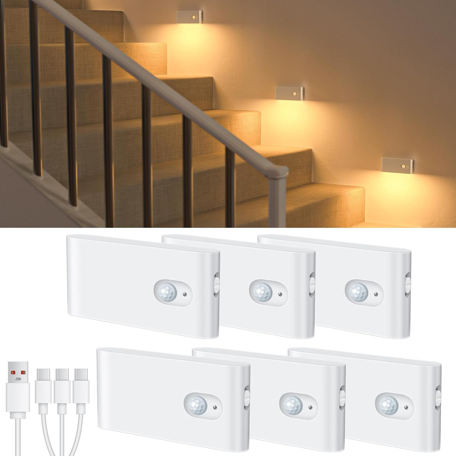 Motion Sensor Night Light, Rechargeable Stair Lights Indoor, Warm White Motion S