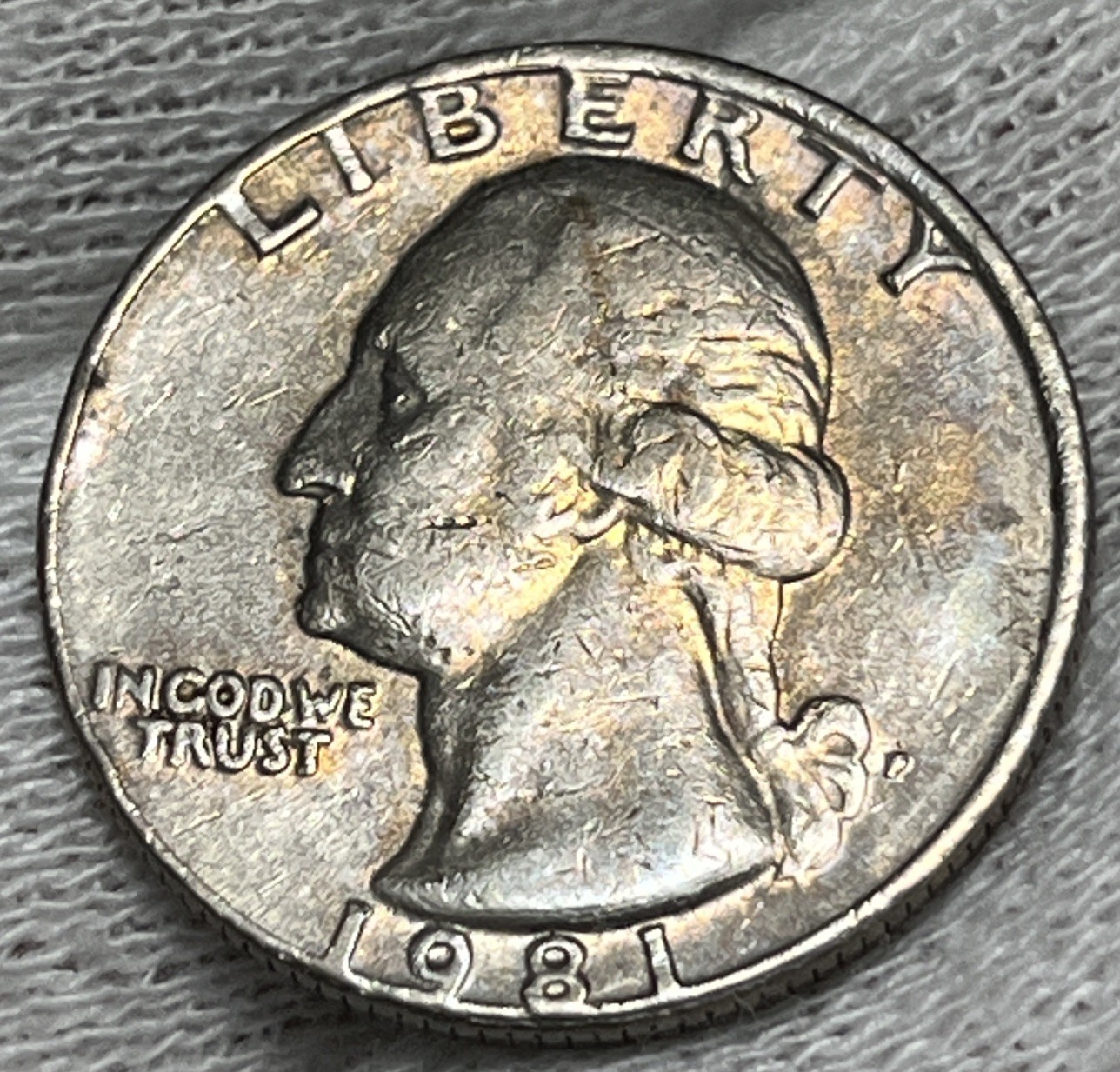 1981 P Washington Quarter Errors DDR Strike Through Grease Rainbow Toning