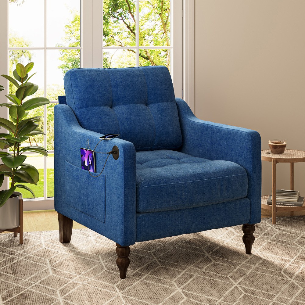 Comfy Chenille Accent Chair with USB Port, Storage Pocket, Wood Legs