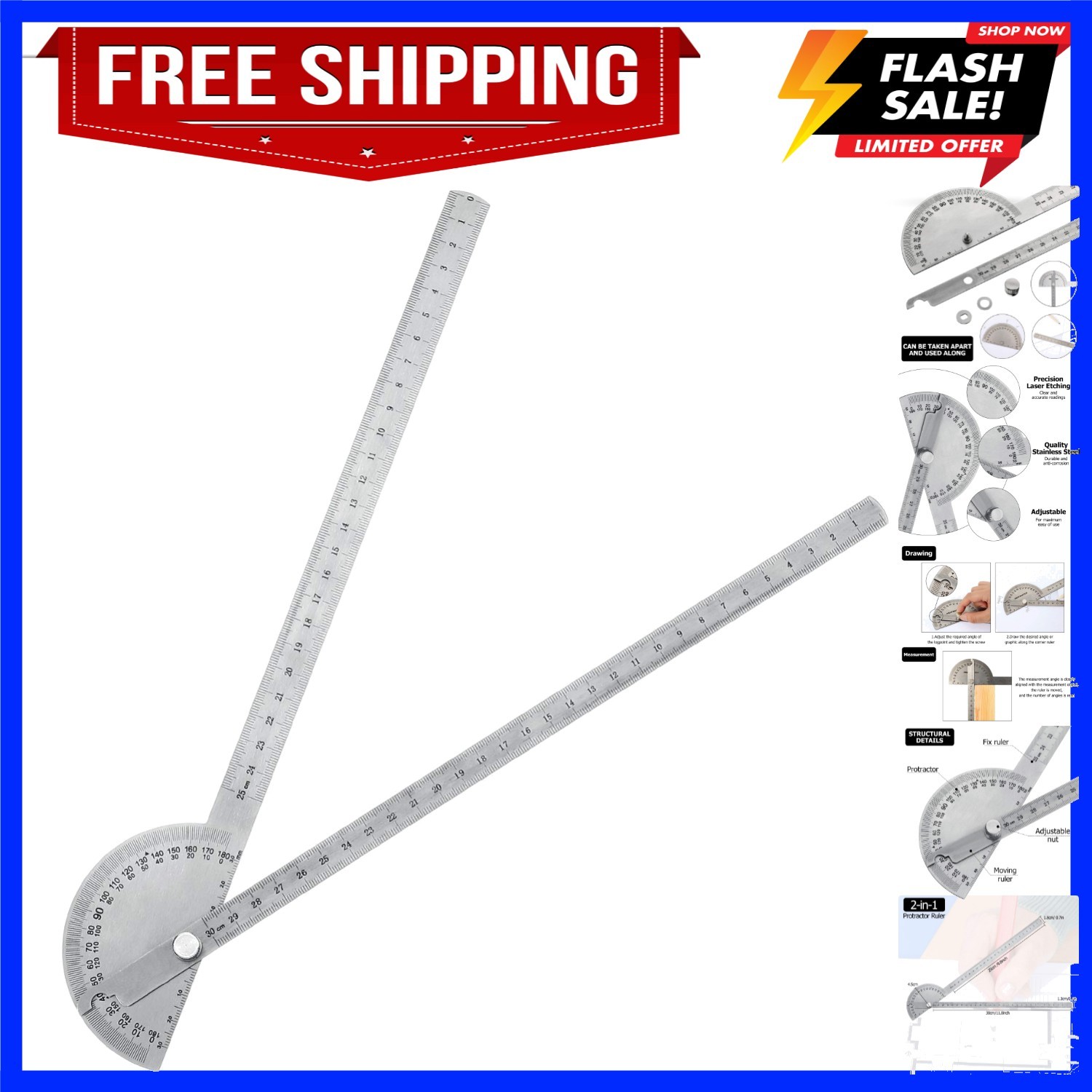 Angle Protractor Ruler Two Arm Stainless Steel Protractor Woodworking Ruler M...