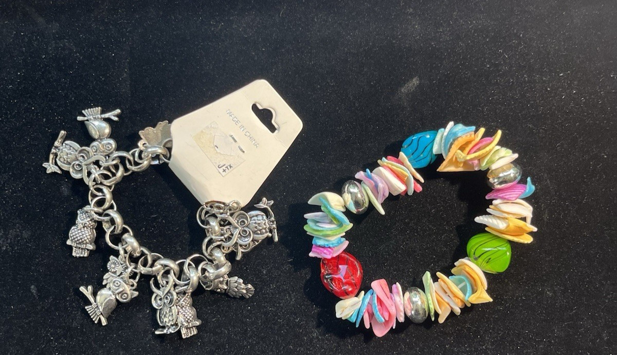 H416~ 2 Bracelets - Shell Bead & Silver Stretch & Chain Featuring Owl Charms