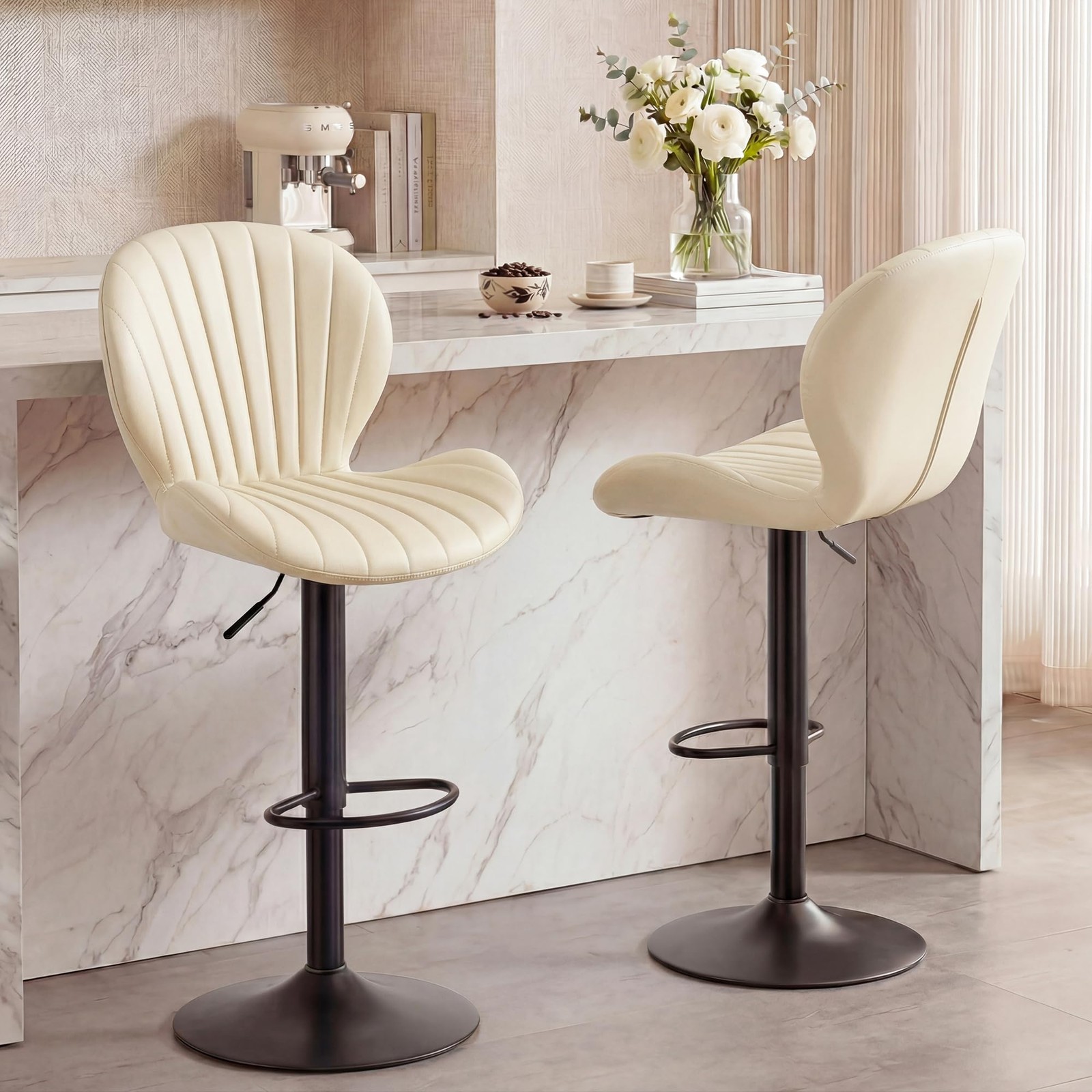 Bar Stools Set of 2, Modern Swivel Adjustable Bar Chairs, Faux Leather Uphols...
