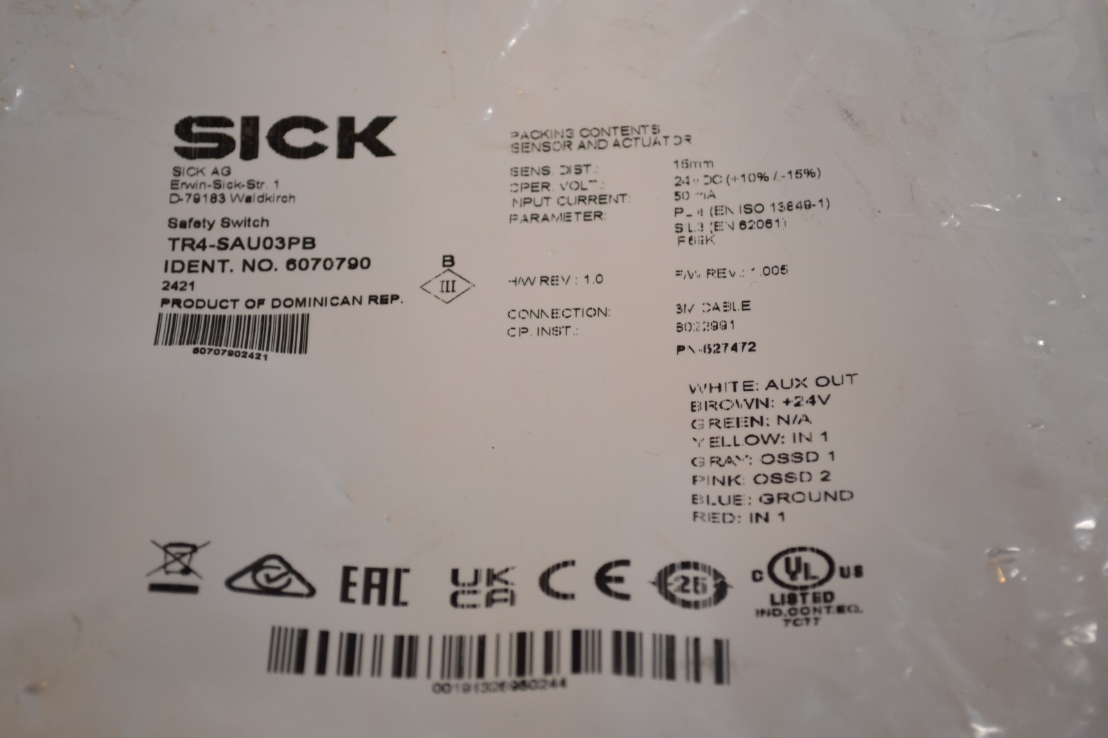 SICK TR4-SAU03PB Safety Switch #6070790 Sensor and Actuator