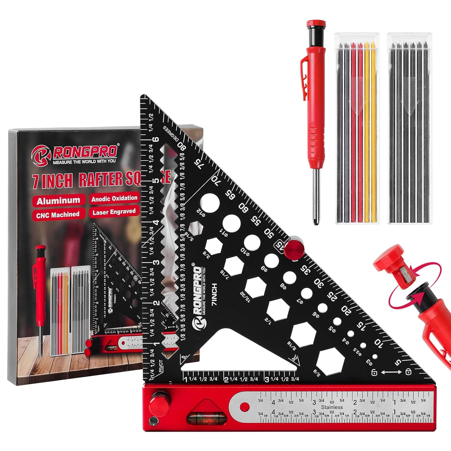 8 in 1 Rafter Square with Carpenter Pencil, Multi-Purpose Carpenter Square Tools