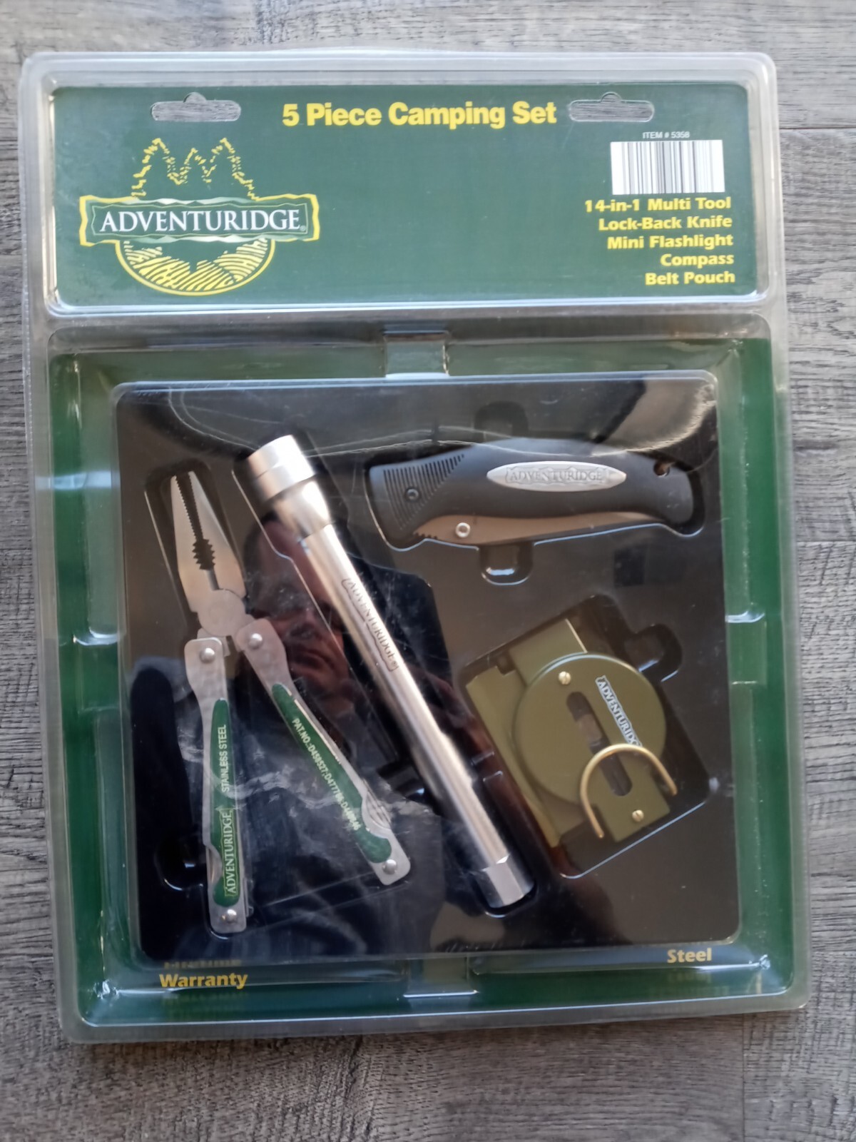 ADVENTURIDGE 5 Piece Camping Set: Multi Tool, Knife, Flashlight, Compass, Pouch